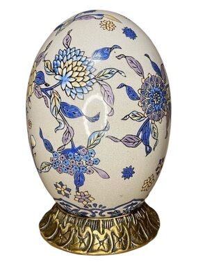 Vintage Chinese Floral Porcelain Hand Painted Egg Bronze Stand 10" Chinoiserie